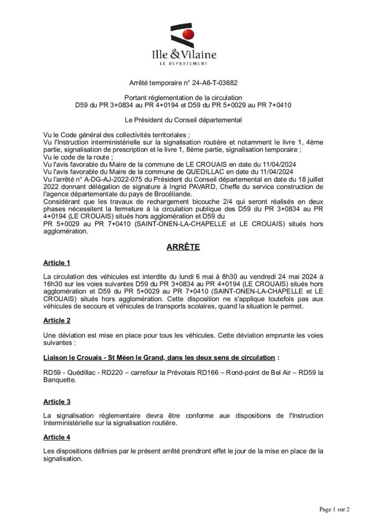 Image du document Arrêté – déviation LE CROUAIS ST ONEN LA CHAPELLE D59 pour tvx de rechargement du lundi 6 mai à 8h30 au vendredi 24 mai 2024
