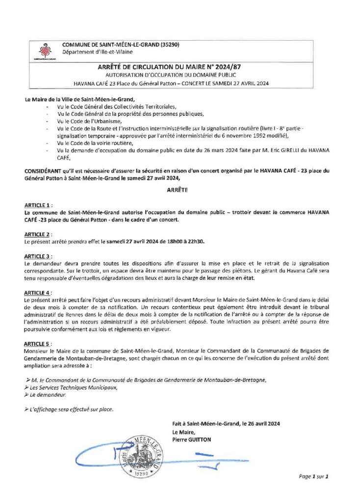 Image du document Arrêté n° 2024-87_Autorisation d’occupation du domaine public_HAVANA CAFE_Concert le samedi 27 avril